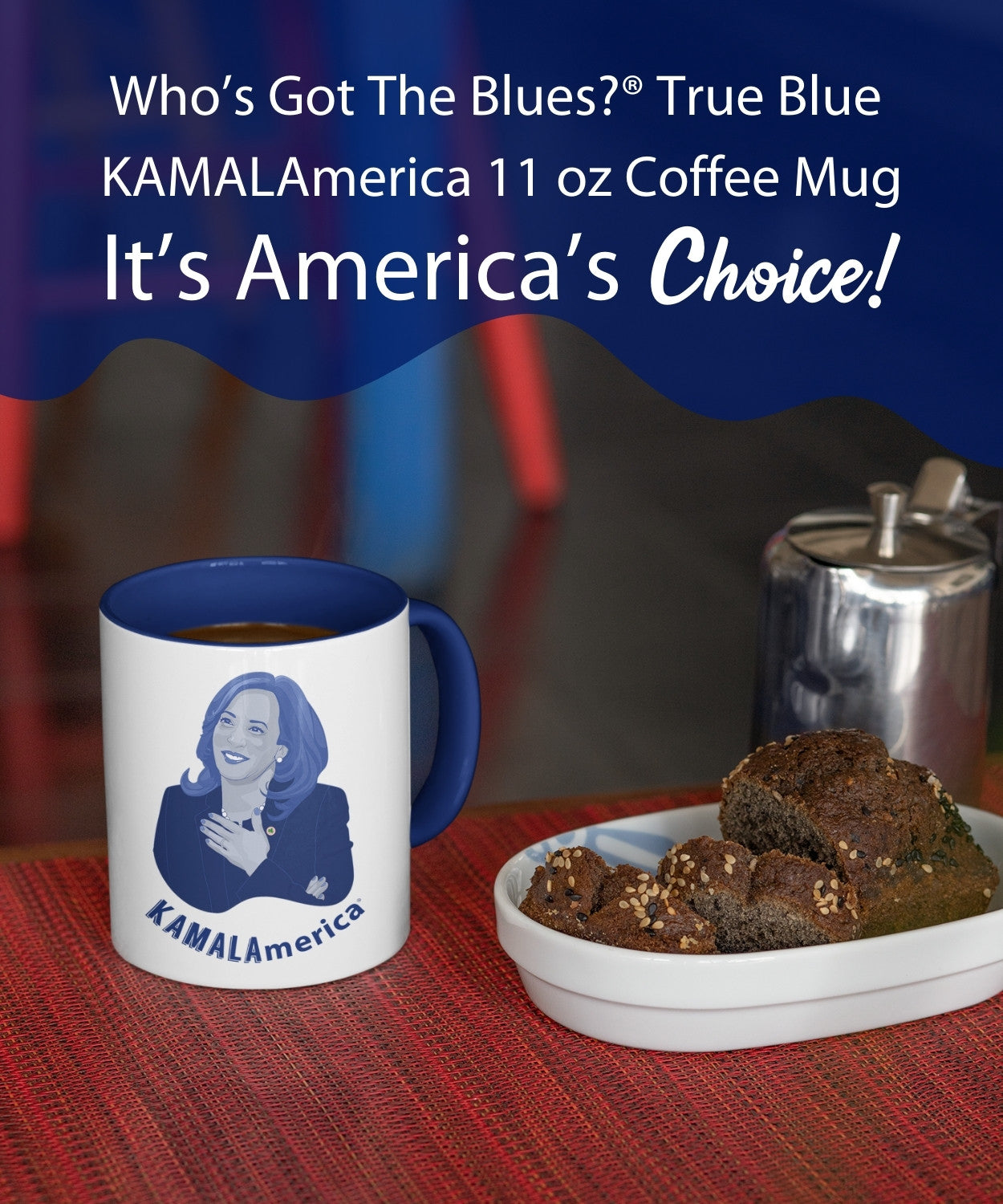 KAMALAmerica True Blue coffee mug product page mobile banner