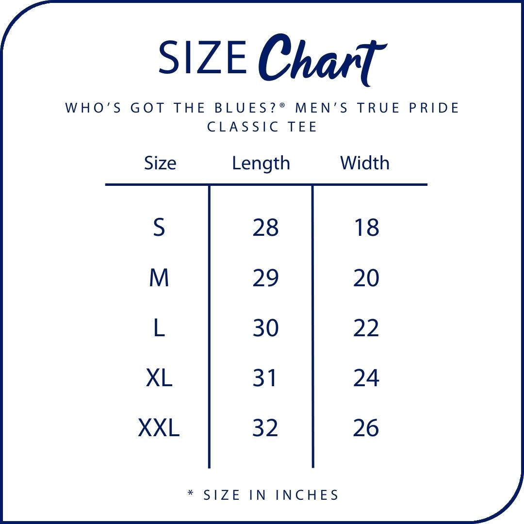 True PRIDE Men's Classic Tee Size Chart